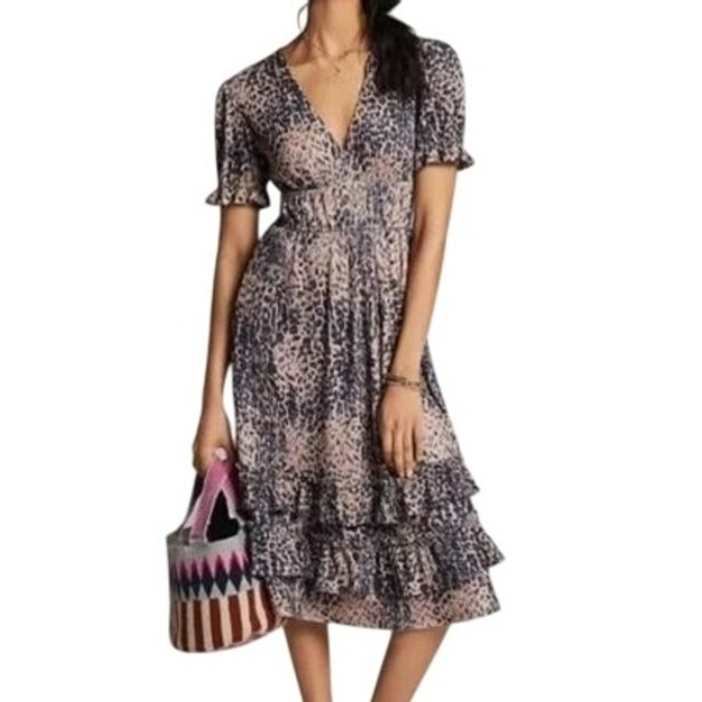 Anthropologie HUTCH Womens S Adelia Leopard Ruffled Tiered Midi Dress NWT